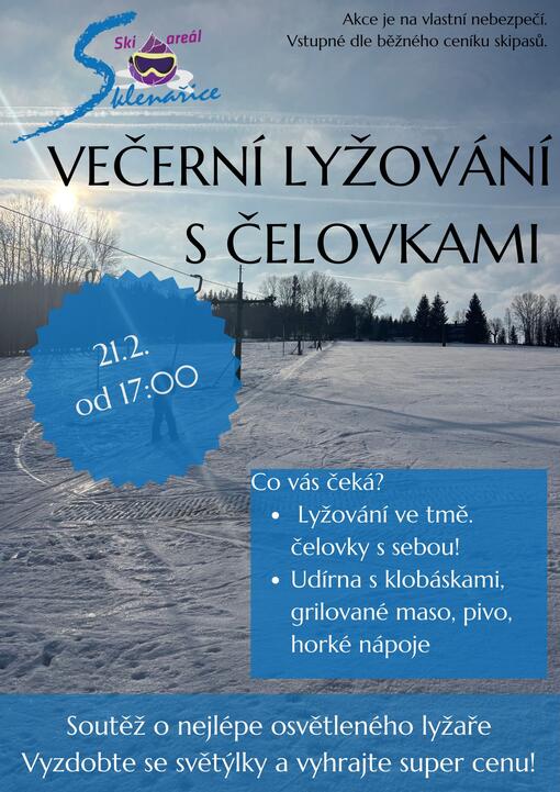 Večerní lyžování s čelovkami ve Skiareálu Sklenářice
